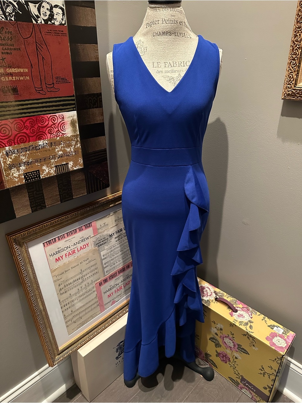 V-Neck Royal Blue Ruffle Maxi Dress
